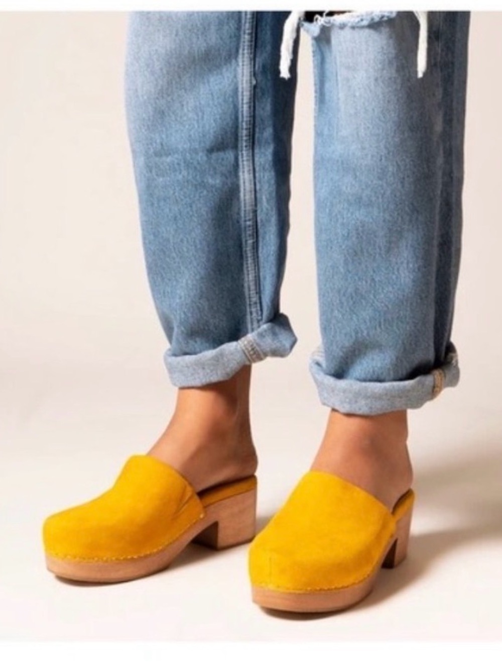 Charlotte Stone Mustard Suede Clog Mules with Wooden Heel